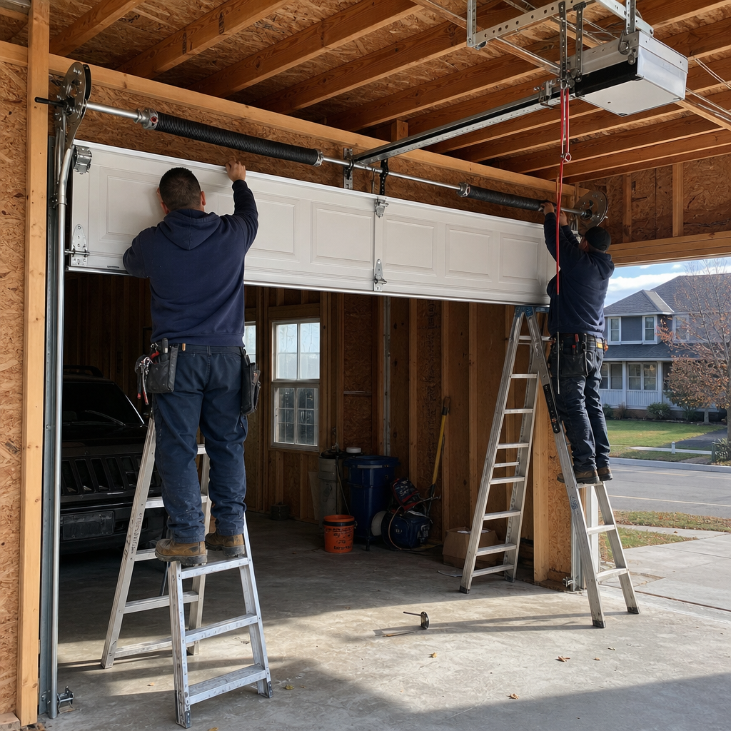 Garage door installation with two professionals working on springs and door