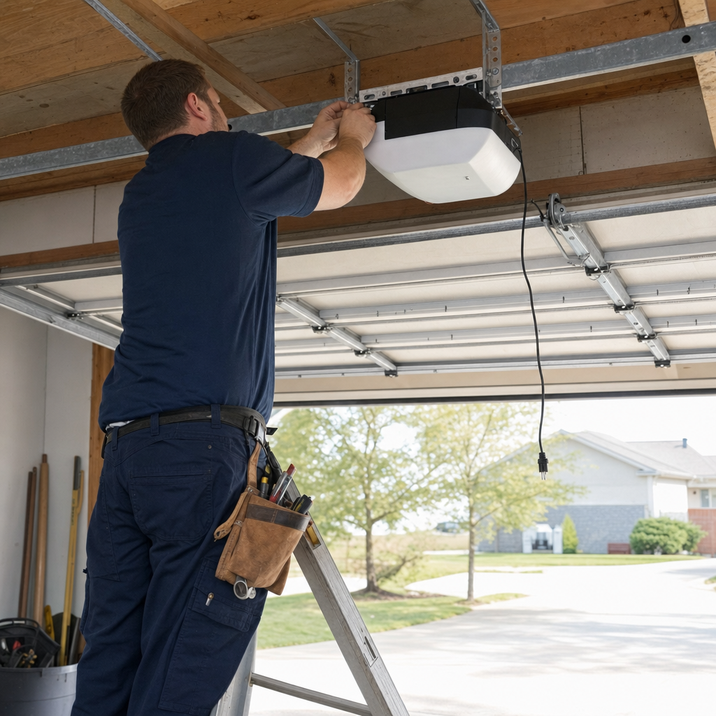 Technician installing garage door opener