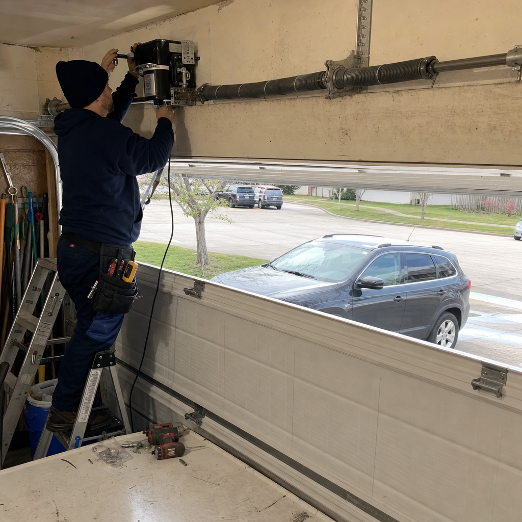 Technician installing garage door opener on ladder