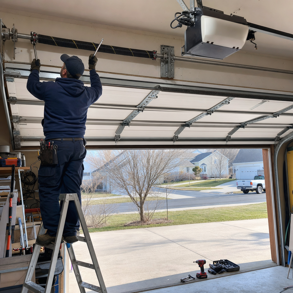Garage door repair technician tightening a spring on a garage door