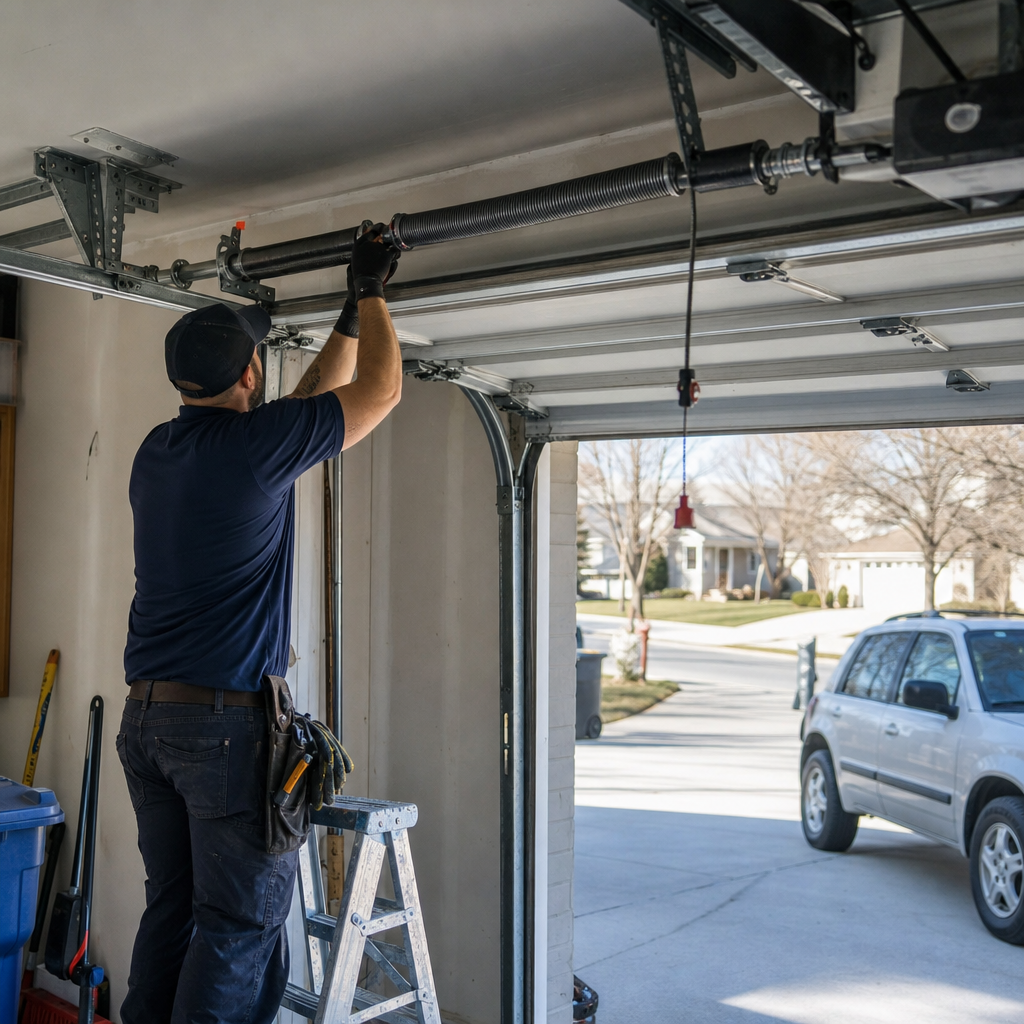 Man repairs garage door spring with tools in Vermilion, OH