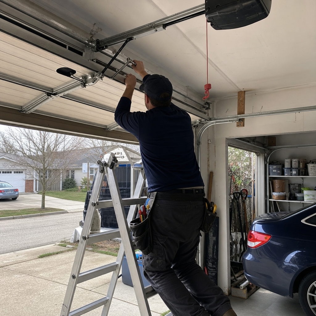 Garage door technician repairs garage door parts on a ladder. in Amherst, OH