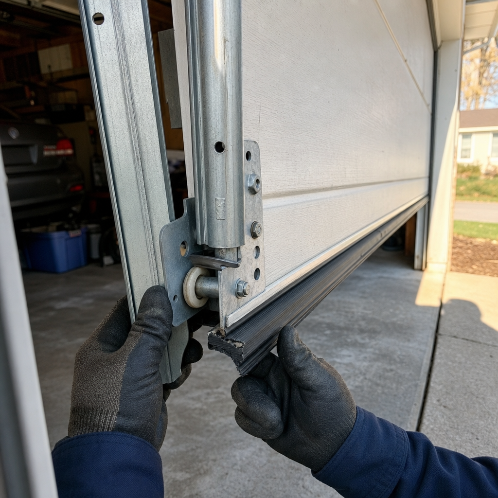 Garage door professional installing rubber seal on garage door parts in Vermilion, OH